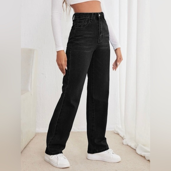 High Waist Black Straight Leg Jeans - Picture 3 of 4
